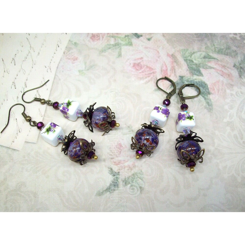 Lampwork Earrings Vintage Style. Bronze, Aubergine Purple, Artisan Crafted Jewel - Picture 3 of 10
